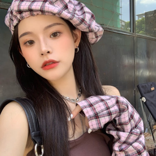 Korean Red Plaid Beret Cloud Hat