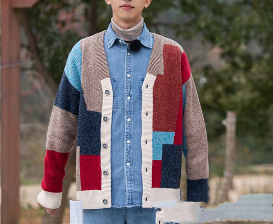Geometric Square Contrast Color Single-breasted Knitted Cardigan Men