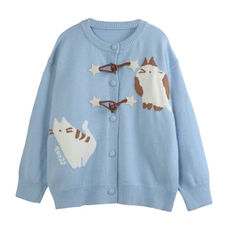 Japanese Style Sweet And Cute Cartoon Jacquard Horn Button Knitted Cardigan