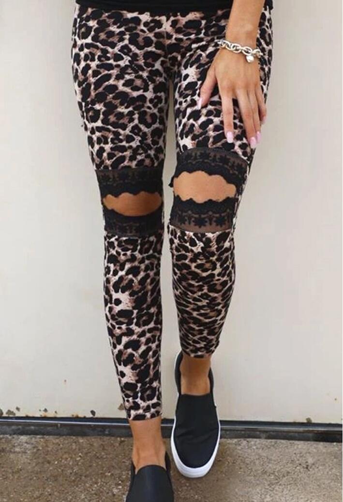Casual hollow lace leopard print slim women's trousers