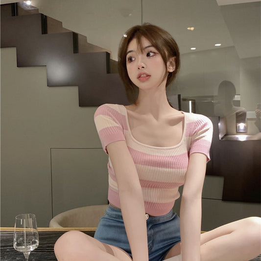 Women's Summer Ice Silk Striped Short Sleeve Knitted Sweater