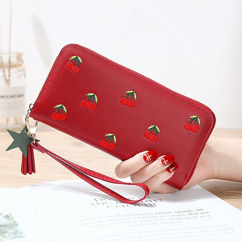 New style cherry embroidery fashion long wallet