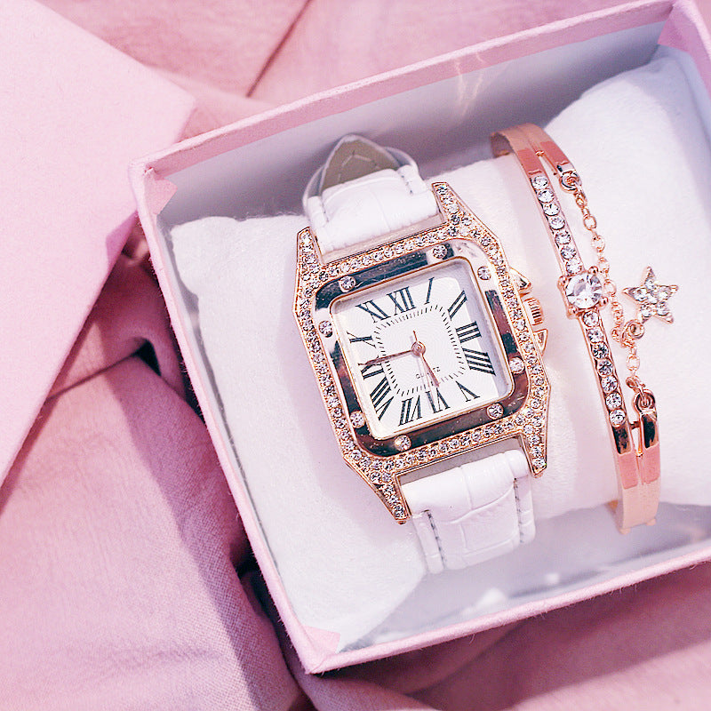 Square Dial Belt Quartz Watch + Star Bracelet