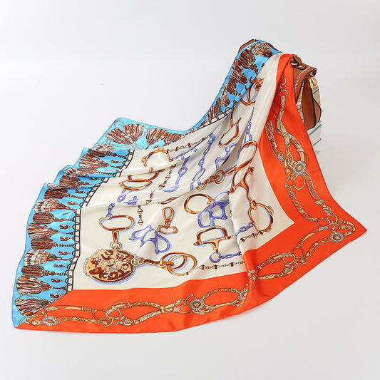 Horseshoe Buckle Stitched Fringed Print Scarf Women's Headscarf