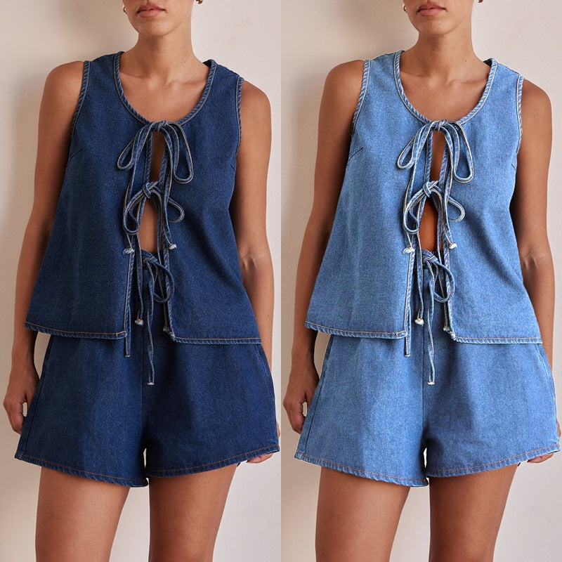 Fashionable Casual Sleeveless Top And Shorts Set With Tie Details