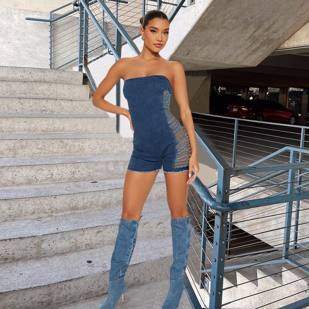 Chest Hugging Stretchy Denim Washed Jumpsuit
