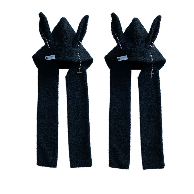 Punk Rabbit Ear Hat Chain Cross Long Lamb Wool Scarf Hard Girl