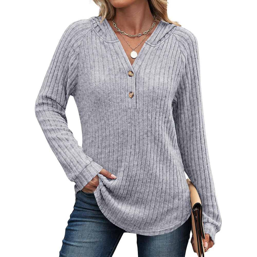 Solid Color And V-neck Button Loose Hooded Fleece Knitted Top