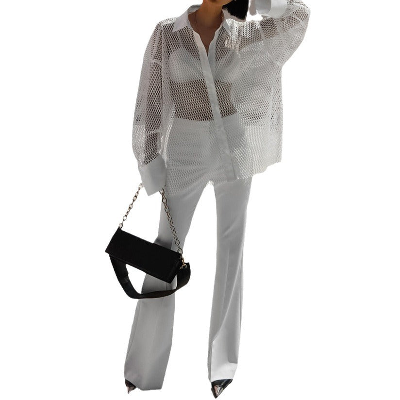 White Mesh See-through Women's Shirt