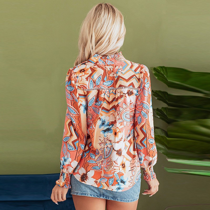 Retro Floral Print V-neck Women's Fashion Color Block Loose Shirt