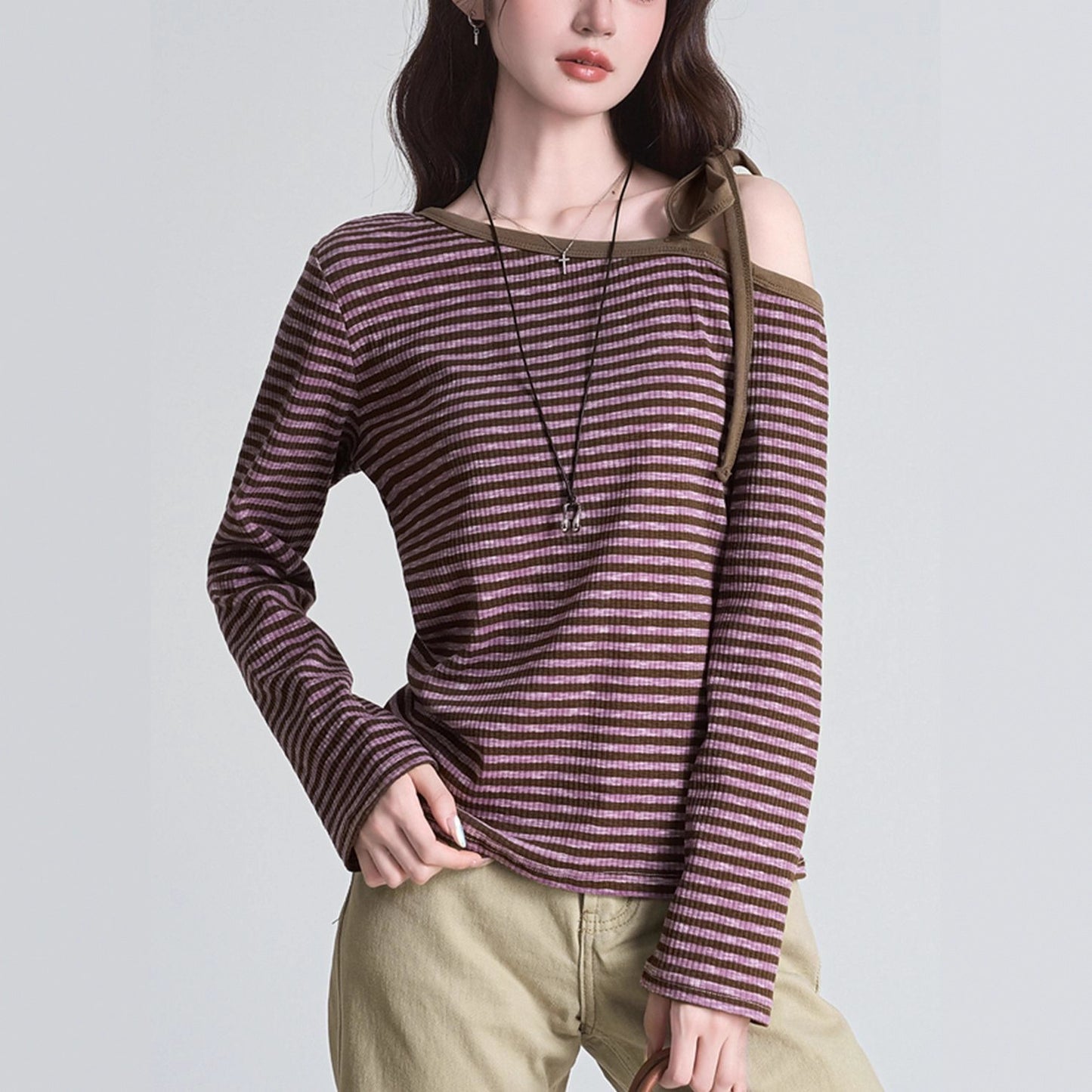 Purple Striped Off-shoulder Long Sleeve Women's Slim Base Shirt