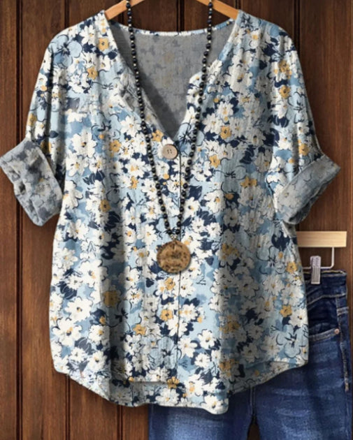 Women's Vintage Dense Floral Print Casual Cotton Linen Shirt