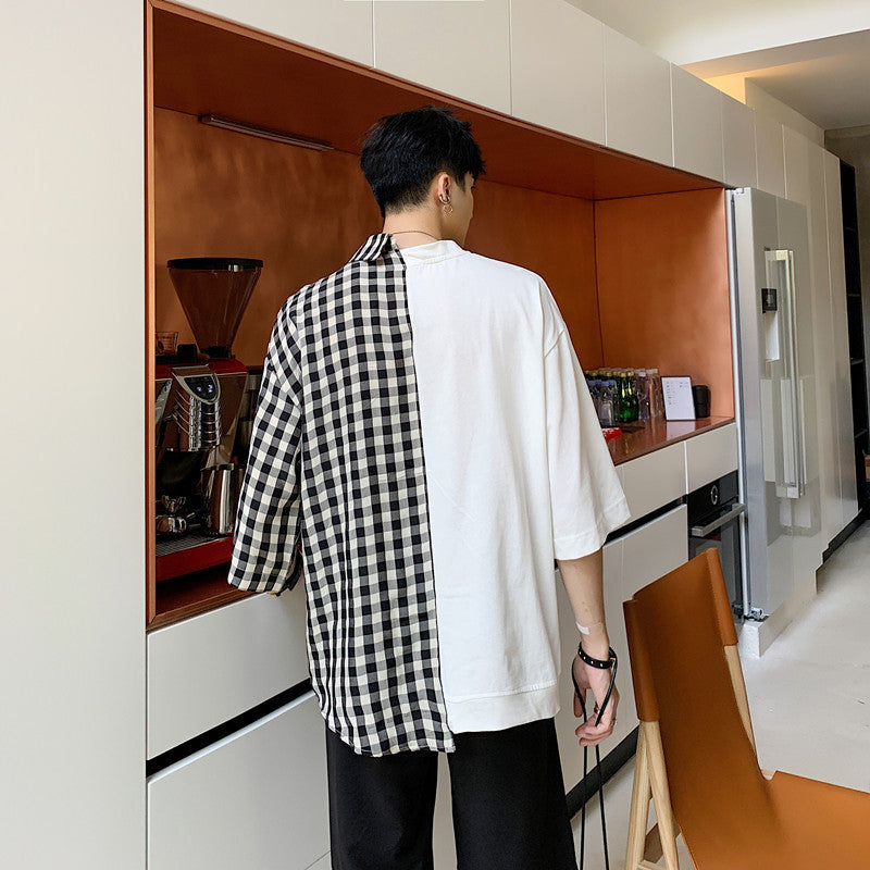 Men's stitching check half-sleeved loose shirt