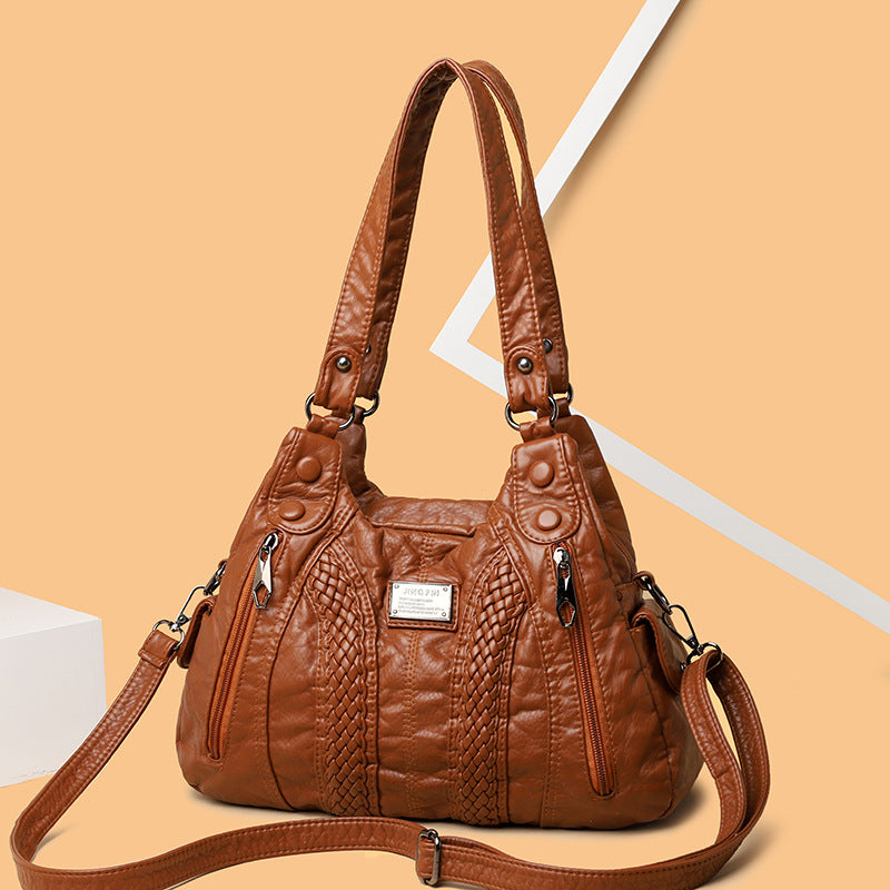 Real Washed Leather Woven Locomotive Commuter Large Capacity Soft Leather Portable Shoulder Bag For Women