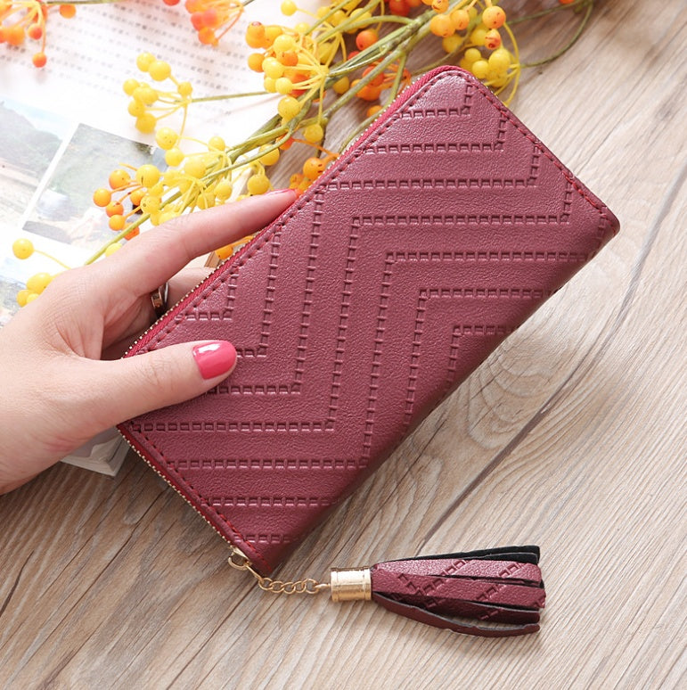New women's wallet single pull fringed bag long zipper student bag clutch bag