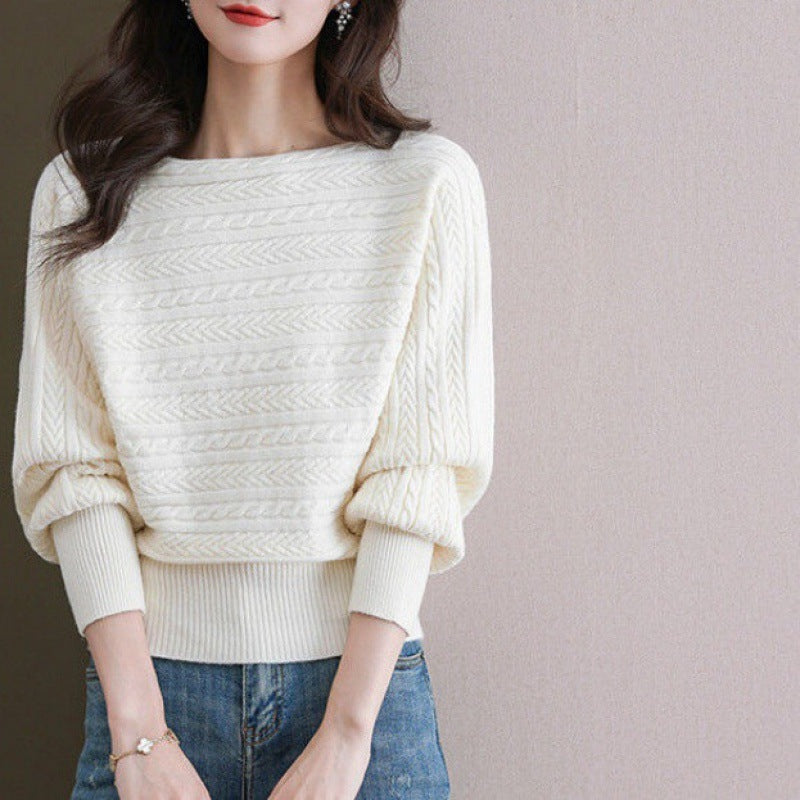 Autumn And Winter Boat Collar Loose-fitting Batwing Sleeve Shirt Knitted Top