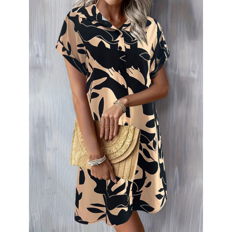 Fashionable Chic Commuter Short-Sleeve Printed Button-Up Dress For Women