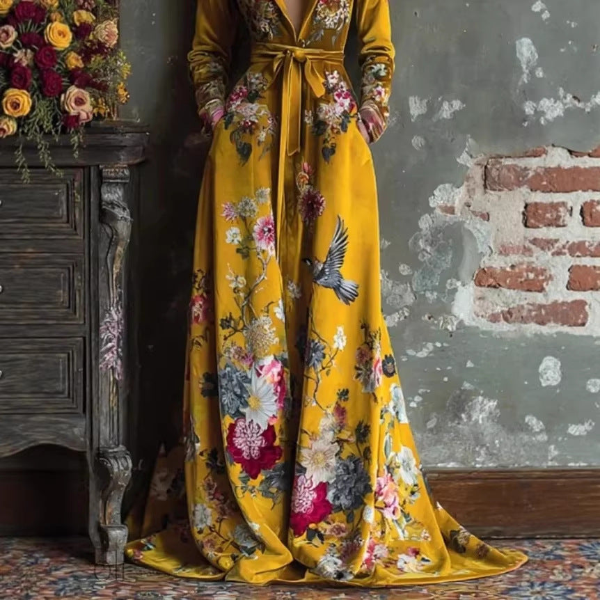 V-neck Long-sleeve Floral Lace-up Maxi Dress