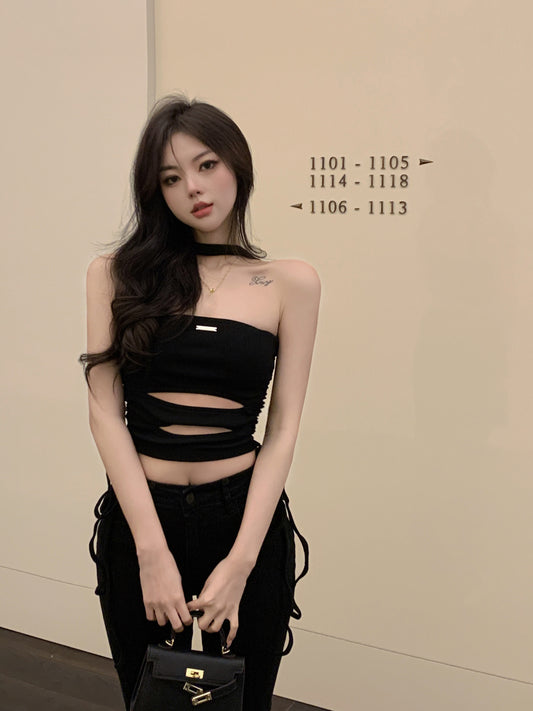 Black Cutout Drawstring Camisole Short Halterneck