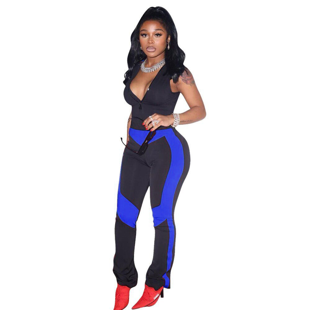Women's Fashion Collision Color Splicing Sleeveless Jumpsuit