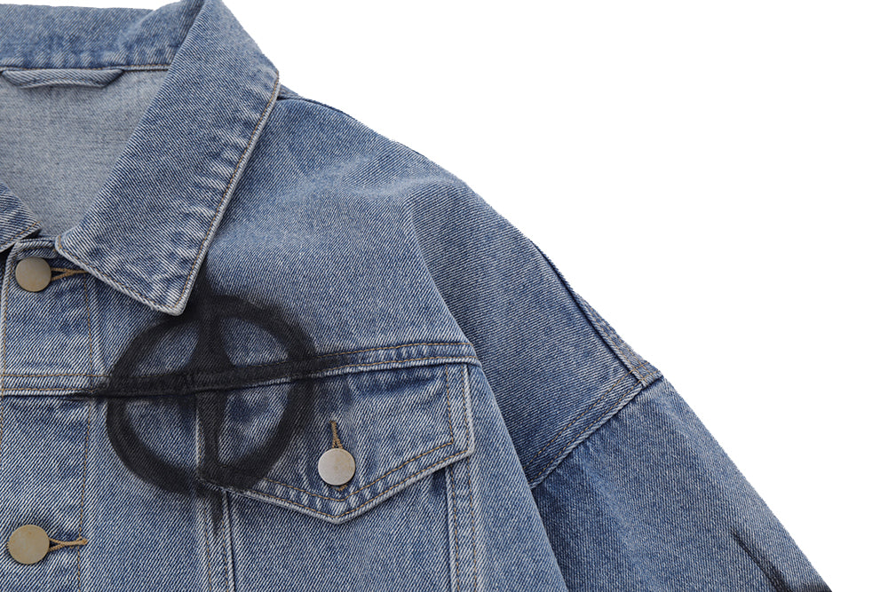 Dark Cross Graffiti Patterned Denim Jacket