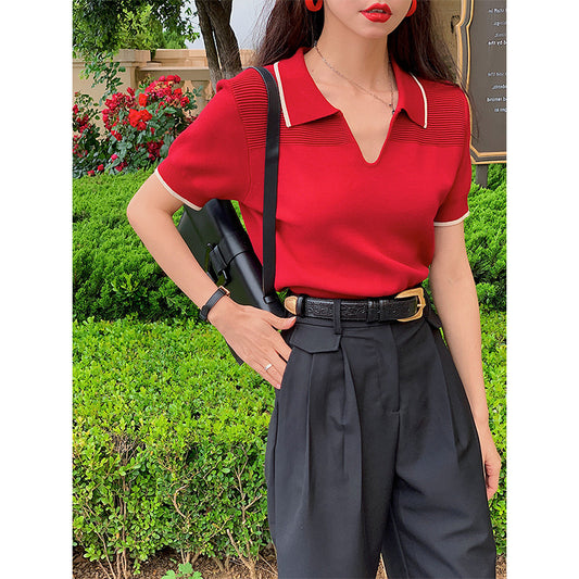 Polo Collar College Style Ice Silk Knitted Short Sleeved T-shirt Women