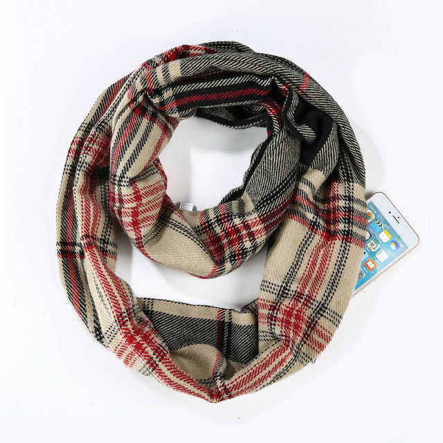 Cashmere plaid scarf invisible pocket bib
