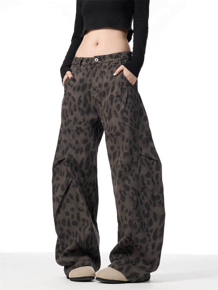 Retro Leopard Jeans Women's Loose Straight Wide-leg Pants