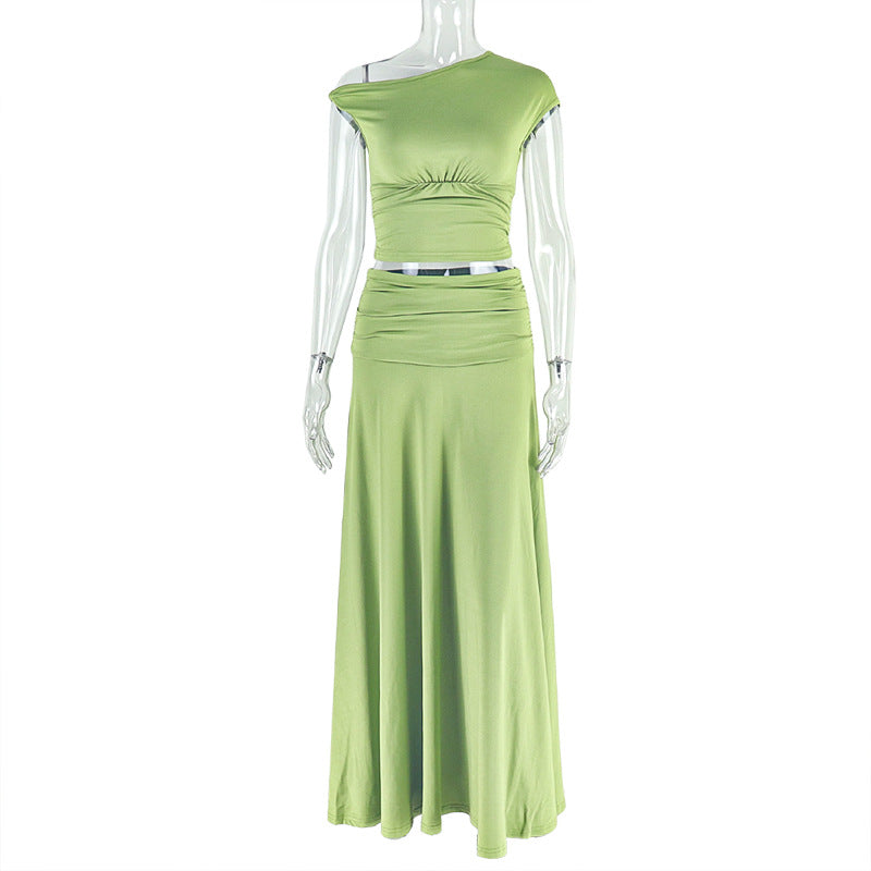 Women's Casual Streetwear Pleated Asymmetrical-Neck Two-Piece Set