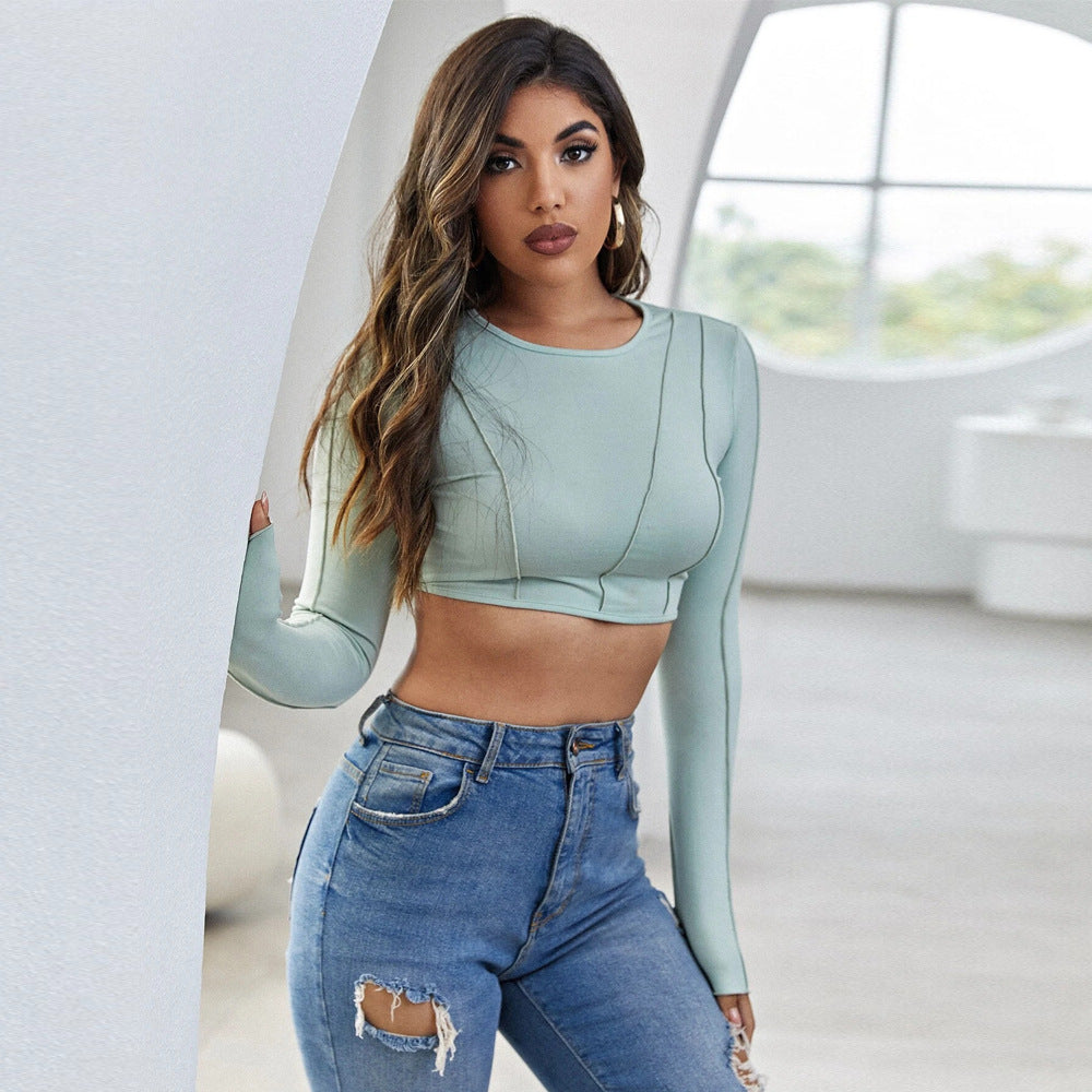 Sexy Wrap Top Women's Exposed Tie Round Neck Long Sleeve Knit