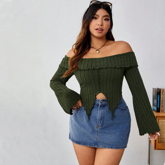 Ensfarvet Langærmet Off Shoulder Uregelmæssig Top til Kvinder