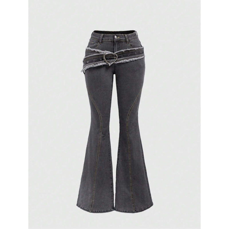 Punk-style Vintage Metal Heart-shaped Belt Frayed-edge Jeans