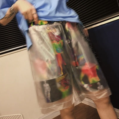 summer European and American street grotesque stitching transparent fake two shorts hip hop handsome wide leg five pants