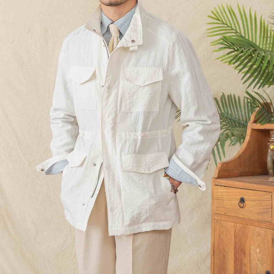 Stand Collar Jacket Linen Blended Breathable Gentry Safari Jacket Coat