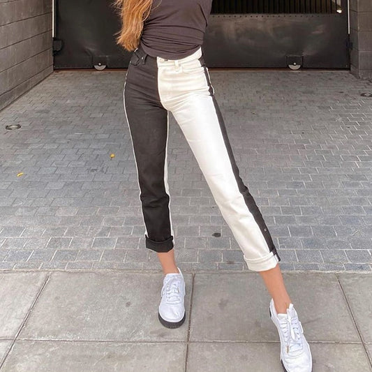 Black And White Patchwork Jeans For Women High Waisted