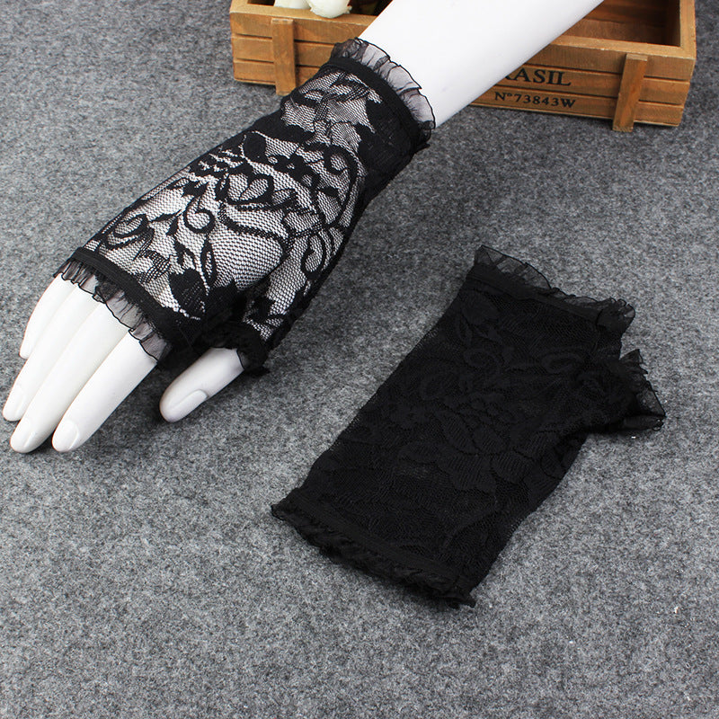 Translucent lace mesh fingerless gloves