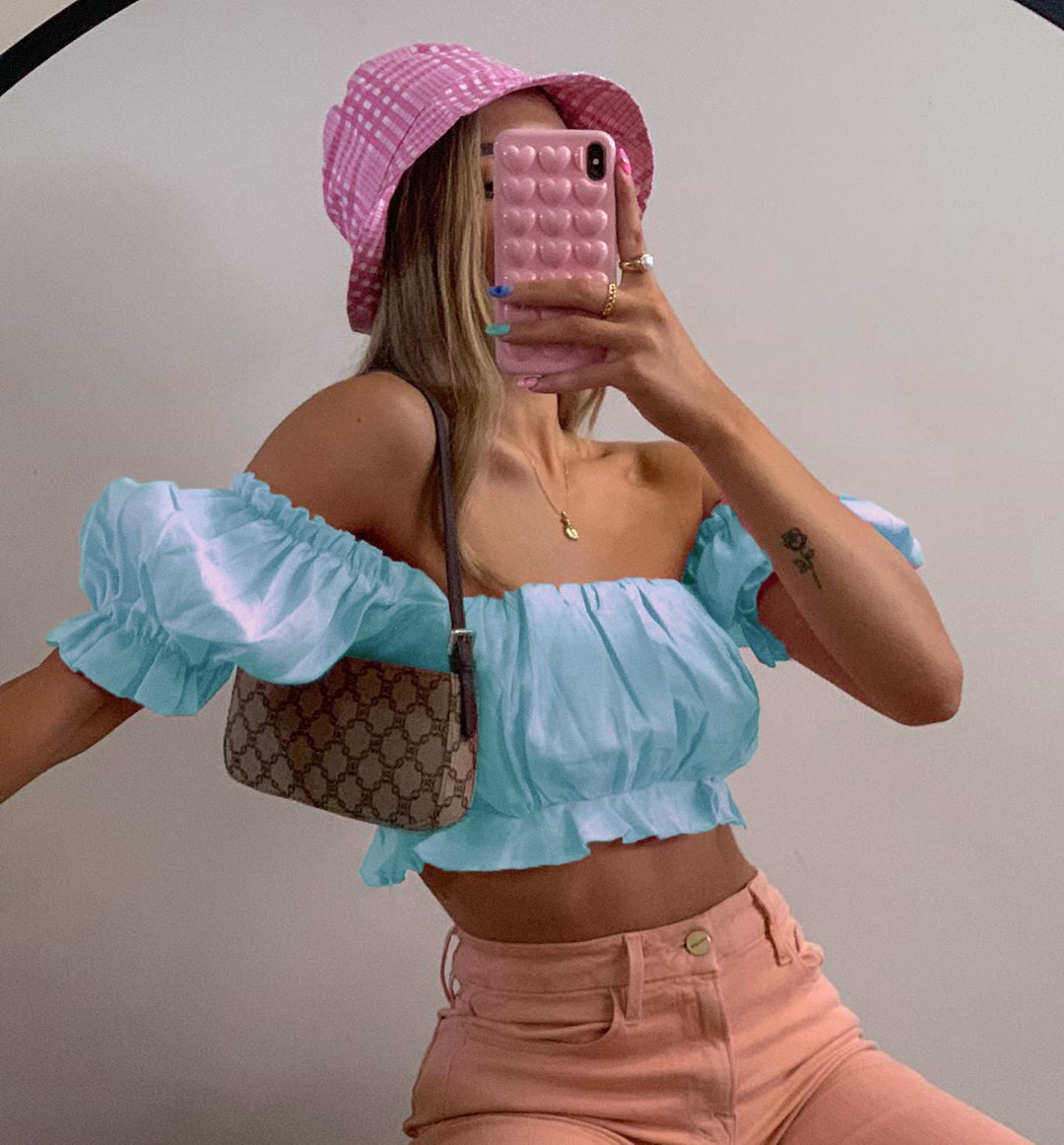 Pink bubble sleeve off shoulder short sleeve
