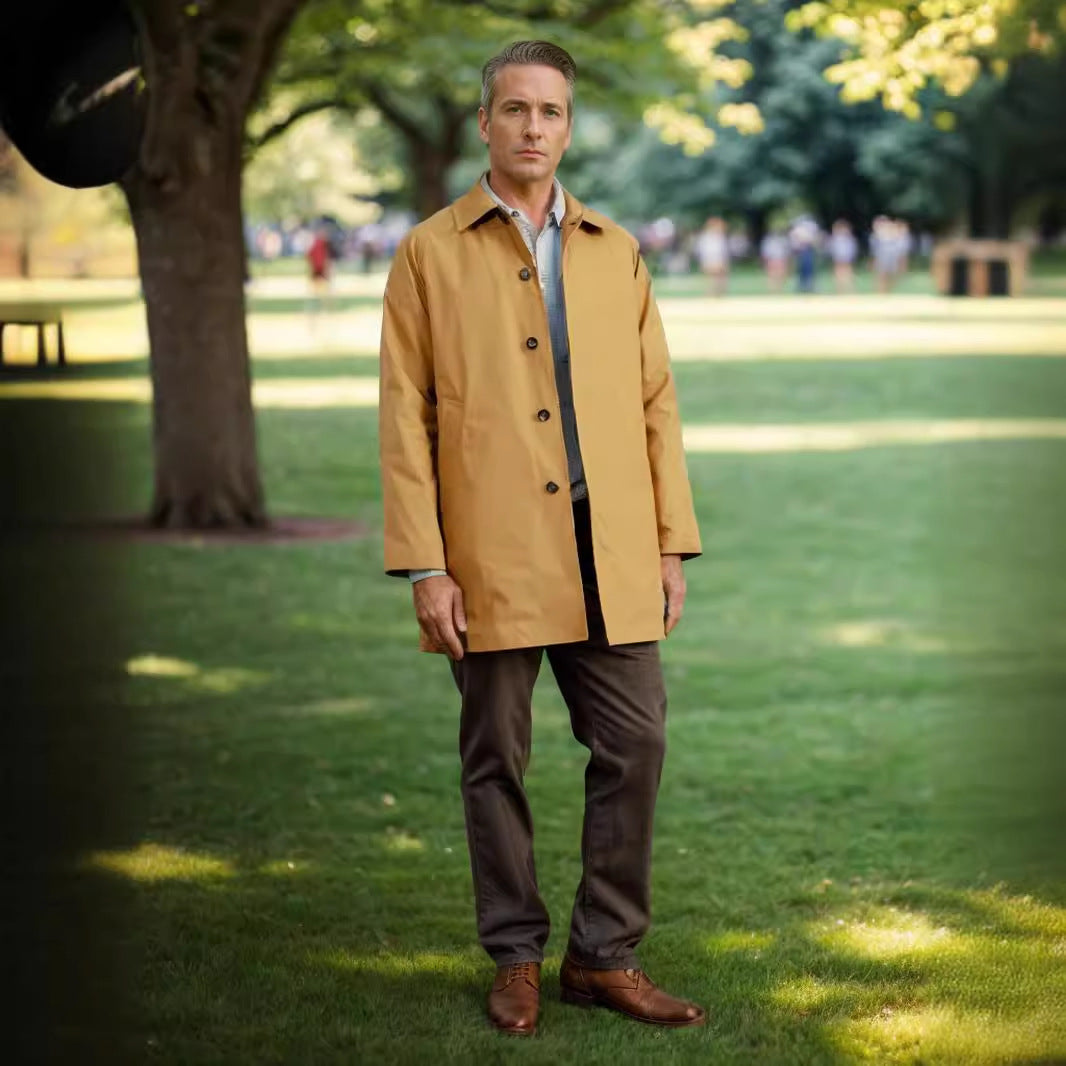 Langærmet trenchcoat til mænd, revers, slim fit, enkeltbrystet, afslappet jakke