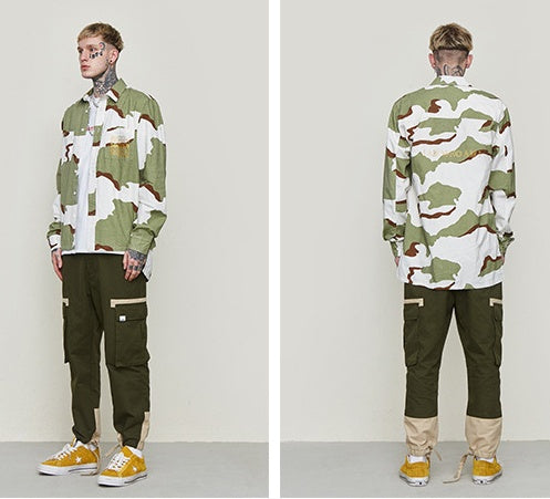 Spring high street camouflage short short long loose tide brand men's lapel check shirt shirt