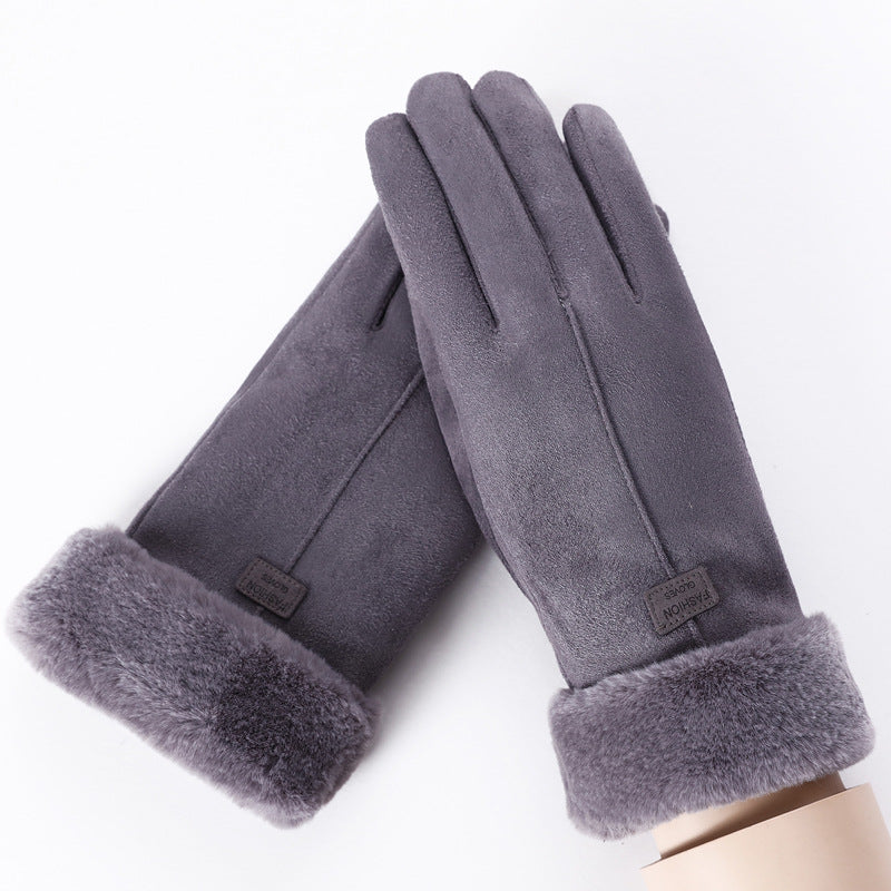 Suede warm gloves double layer plus velvet thick wind and cold riding touch screen gloves