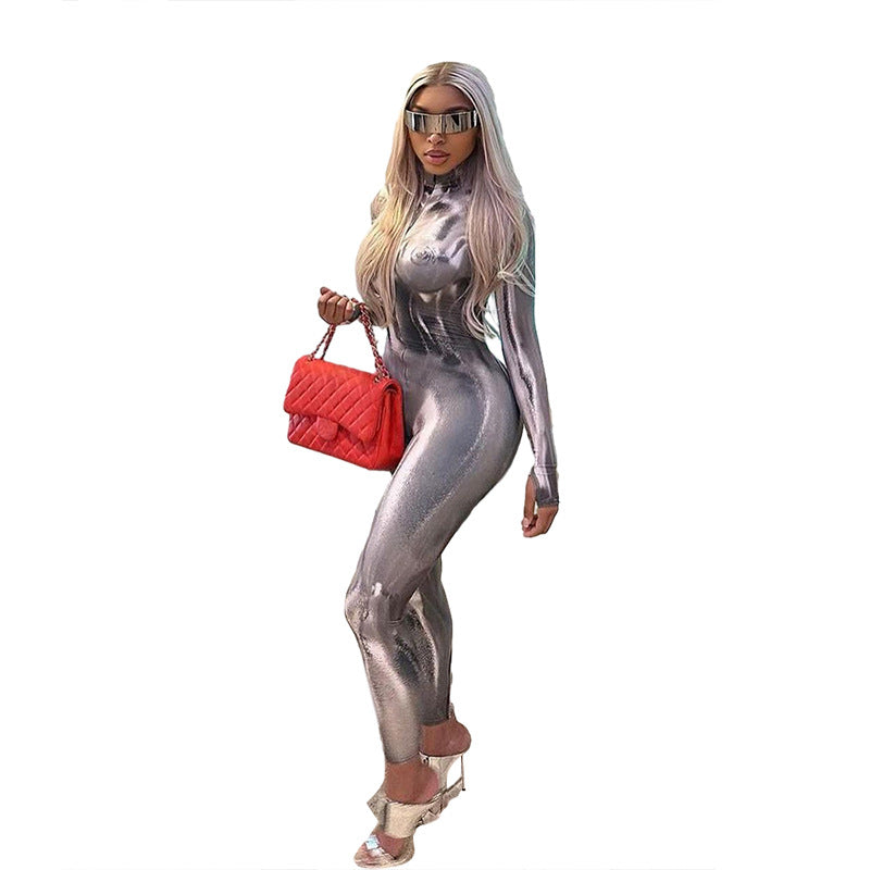 Women's Fashion Casual Long Sleeve Digital Printing Slim Fit High Top Sports Jumpsuit