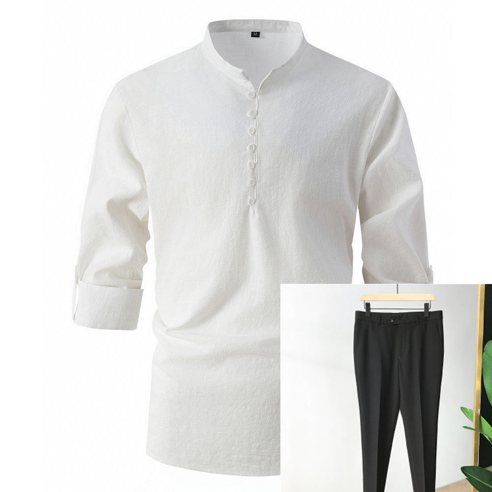 Fashion Retro Men's Spring And Autumn Cotton And Linen Stand Collar Business Slim Casual Shirt