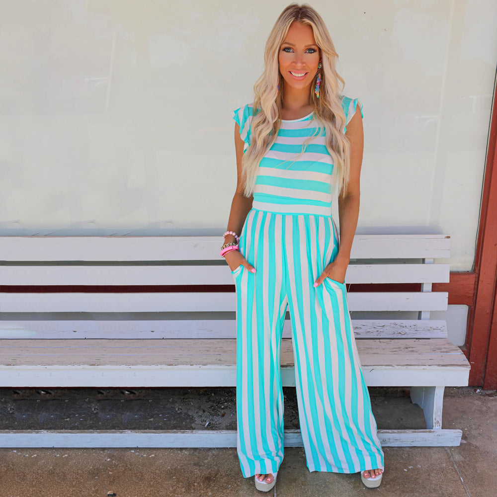 New Striped Crew Neck Sleeveless Casual Jumpsuit