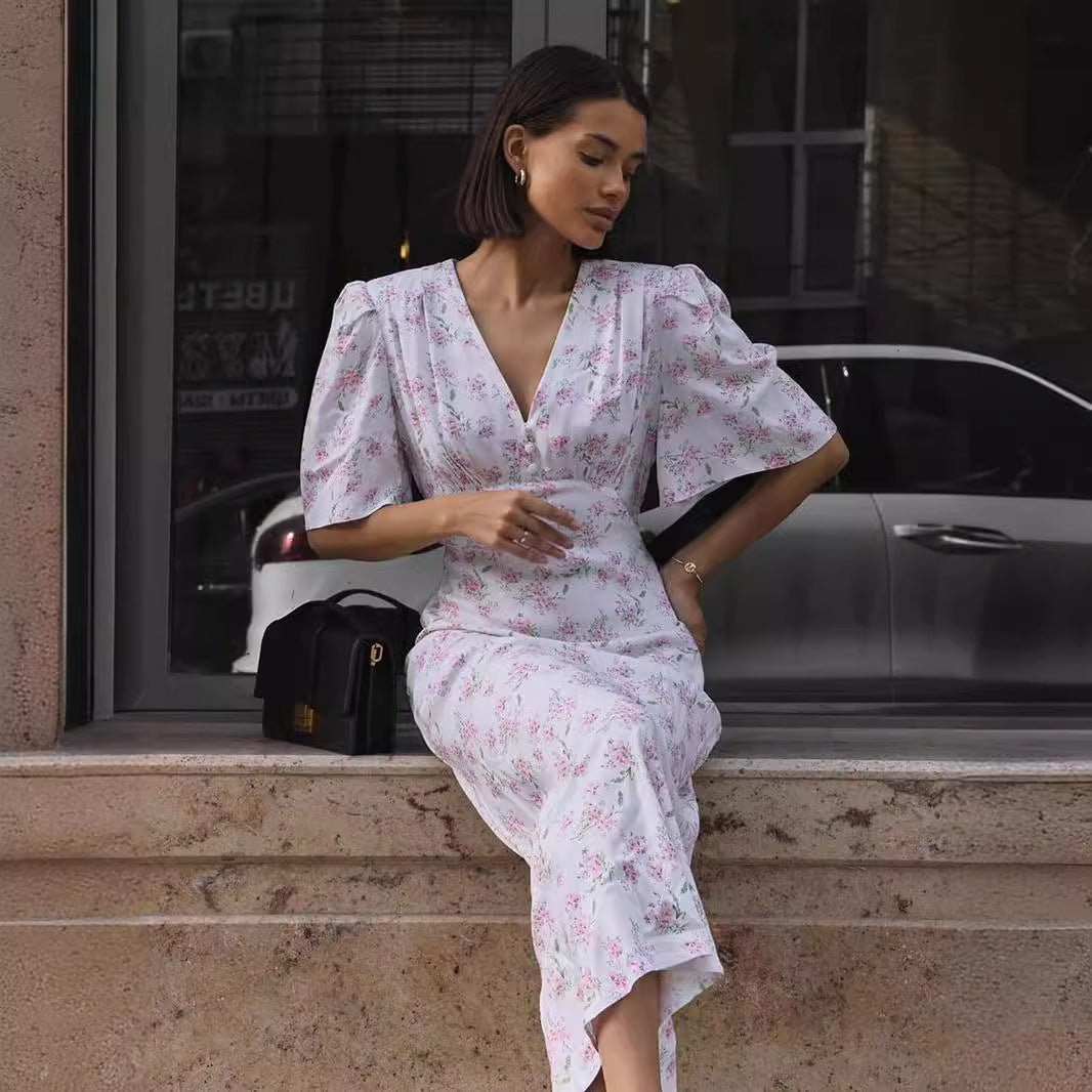 Summer New V-Neck Straight Shoulder High-Waisted Long Floral Print Dress