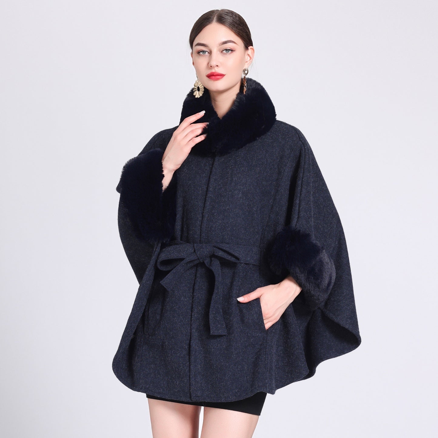 Rabbit Fur Collar Knitted Shawl Cape Lace-up Woolen Coat