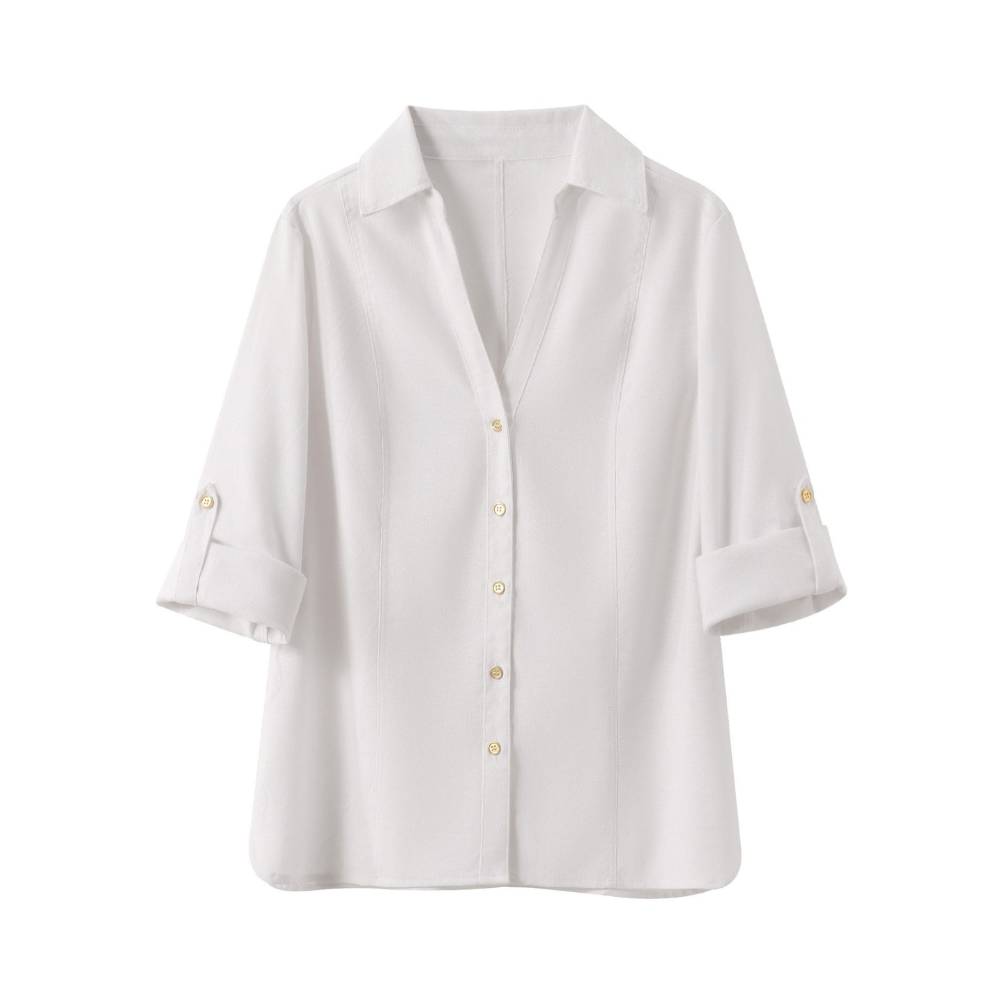 White V-neck Roll-up Sleeve Linen Blend Shirt