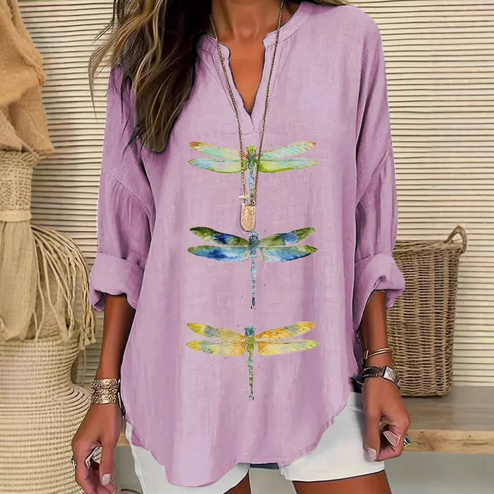 European And American Women's Clothing Small V Stand Collar Button Drop-shoulder Long-sleeve Women's T Curved Hem Clothes