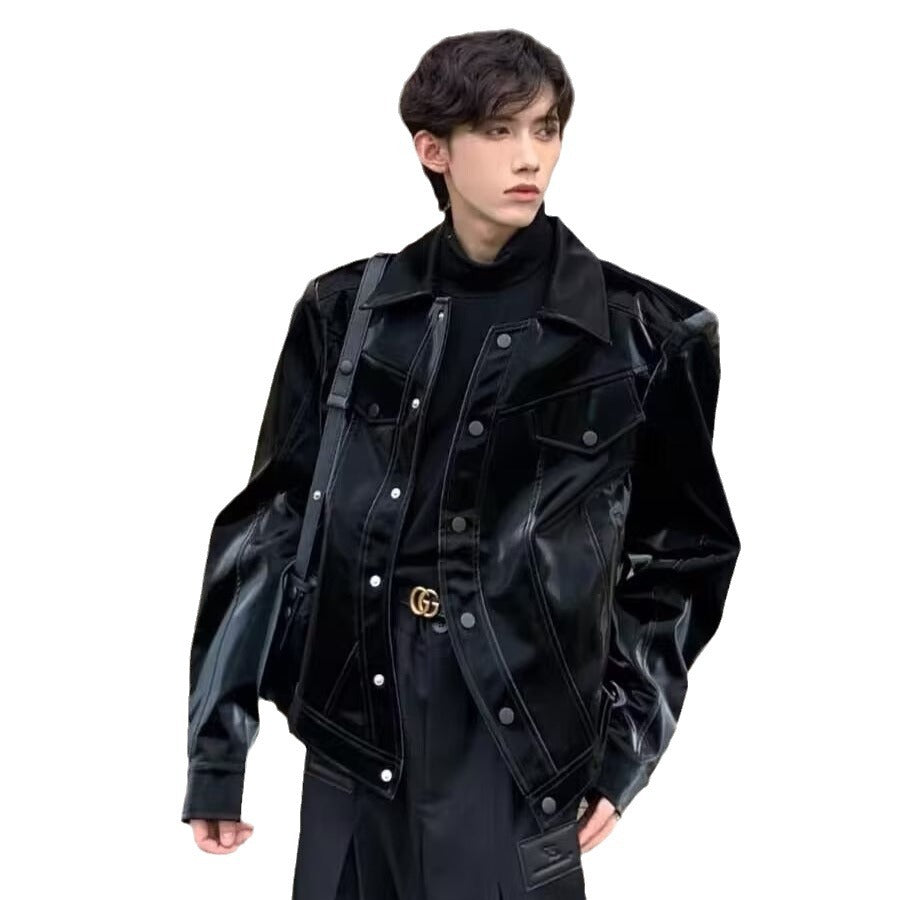 Advanced Sense Padded Shoulder PU Leather Coat