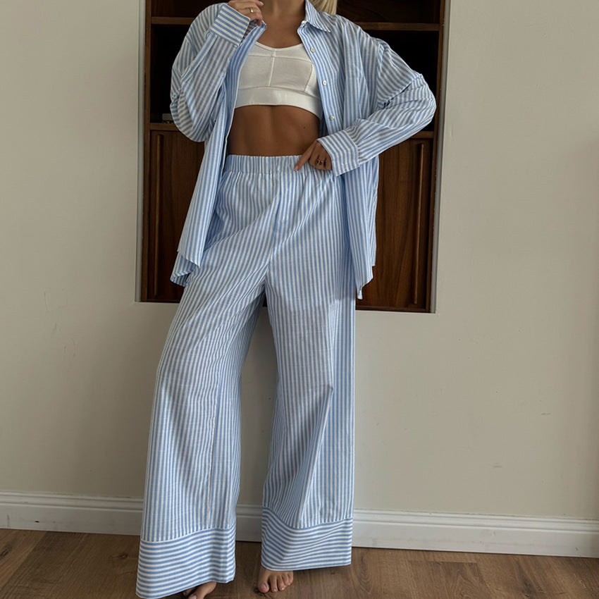 New Casual Striped Woven Two-piece Set Featuring Long-sleeve Top And Long Pants