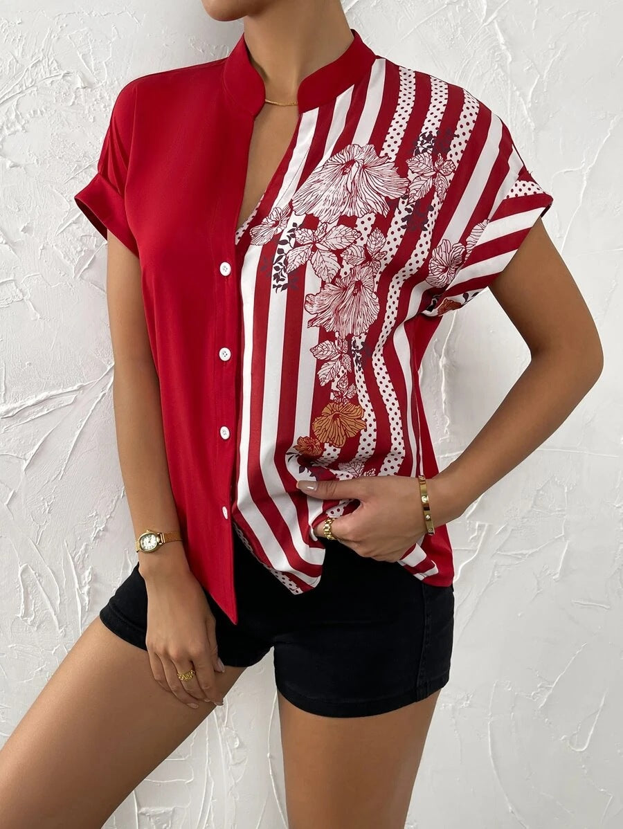 Double Contrast Color Floral Button Cardigan Short Sleeve Shirt